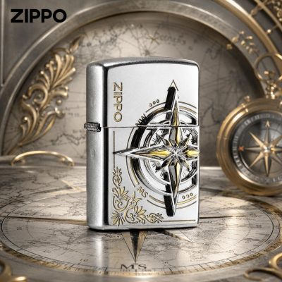 Zippo Silver Lighter with Compass Design